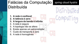 Falácias da Computação
Distribuída
spring cloud hystrix
1. A rede é confíavel
2. A latência é zero
3. A largura da banda é infinita
4. A rede é segura
5. A topologia não se altera
6. Existe apenas um administrador
7. Custo de transporte é zero
8. A rede é homogênea
 