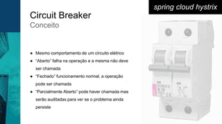 Circuit Breaker
Conceito
spring cloud hystrix
● Mesmo comportamento de um circuito elétrico
● “Aberto” falha na operação e a mesma não deve
ser chamada
● “Fechado” funcionamento normal, a operação
pode ser chamada
● “Parcialmente Aberto” pode haver chamada mas
serão auditadas para ver se o problema ainda
persiste
 