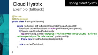 spring cloud hystrixCloud Hystrix
Exemplo (fallback)
@Service
@RefreshScope
public class ParticipantService {
public Participant getParticipantInCache(String participantId){
Participant cachedParticipant = cache.getIfPresent(participantId);
if(Objects.isNull(cachedParticipant)){
log.error(String.format("[REQUEST-PARTICIPANT-INFO] CACHE - Error on
retrieve participant %s information", participantId));
throw new InvalidParticipant(participantId);
}
return cachedParticipant;
}
}
 