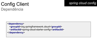 spring cloud config
<dependency>
<groupId>org.springframework.cloud</groupId>
<artifactId>spring-cloud-starter-config</artifactId>
</dependency>
Config Client
Dependência
 