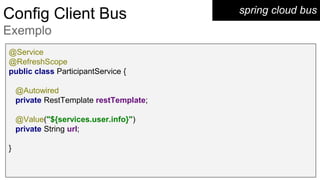 spring cloud busConfig Client Bus
Exemplo
@Service
@RefreshScope
public class ParticipantService {
@Autowired
private RestTemplate restTemplate;
@Value("${services.user.info}")
private String url;
}
 