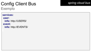 spring cloud busConfig Client Bus
Exemplo
services:
user:
info: http://USERS/
event:
info: http://EVENTS/
 