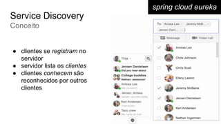 spring cloud eureka
Service Discovery
Conceito
● clientes se registram no
servidor
● servidor lista os clientes
● clientes conhecem são
reconhecidos por outros
clientes
 