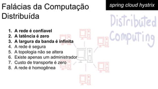 Falácias da Computação
Distribuída
spring cloud hystrix
1. A rede é confíavel
2. A latência é zero
3. A largura da banda é infinita
4. A rede é segura
5. A topologia não se altera
6. Existe apenas um administrador
7. Custo de transporte é zero
8. A rede é homogênea
 