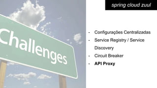 spring cloud zuul
- Configurações Centralizadas
- Service Registry / Service
Discovery
- Circuit Breaker
- API Proxy
 