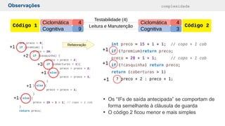 Observações complexidade
int preco = 15 + 1 + 1; // copo + 1 cob
if (!premium)return preco;
preco = 20 + 1 + 1; // copo + 1 cob
if (!casquinha) return preco;
return (coberturas > 1)
? preco + 2 : preco + 1;
+1
+1
+1
Refatoração
Cognitiva
Ciclomática
9
4
Cognitiva
Ciclomática
3
4
Testabilidade (4)
Leitura e Manutenção
Código 1 Código 2
●
Os “IFs de saída antecipada” se comportam de
forma semelhante à cláusula de guarda
●
O código 2 ficou menor e mais simples
 