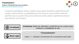 Tratamento 2
Salvar Preferências do Usuário
Base Legal
Finalidade
Armazenar dados de utilização e preferências do usuário para
melhorar a usabilidade do site
“Consentimento”
Artigo 7, I - mediante o fornecimento de consentimento pelo titular
O site do marketplace utiliza “cookies” para salvar escolhas e preferências do
usuário. Dessa forma, a usabilidade do site torna-se muito melhor além de
permitir que o usuário não precisa informar vários dados repetitivos toda vez
que efetuar uma compra.
2
 