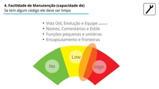 4. Facilidade de Manutenção (capacidade de)
Se tem algum código ele deve ser limpo
●
Vida Útil, Evolução e Equipe (anterior)
●
Nomes, Comentários e Estilo
●
Funções pequenas e unitárias
●
Encapsulamento e fronteiras
No High
Low
 