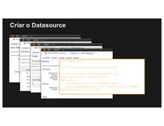 Criar o Datasource
>>> import boto
>>> ml = boto.connect_machinelearning()
>>> ds = ml.create_data_source_from_s3(
data_source_id = ’my_datasource',
data_spec= {
'DataLocationS3':'s3://bucket/input/',
'DataSchemaLocationS3':'s3://bucket/input/.schema'},
compute_statistics = True)
 