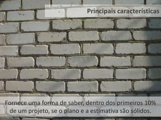  Em 2002, Stephen Palmer e John Mac Felsing publicaram o livro “A PraticalGuide to FeatureDrivenDevelopment”, com a versão completa, atualizada e comentada da metodologia.Principais característicasResultados úteis a cada duas semanas ou menos