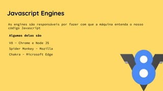 Javascript Engines
As engines são responsáveis por fazer com que a máquina entenda o nosso
código Javascript
Algumas delas são
V8 - Chrome e Node JS
Spider Monkey - Mozilla
Chakra - Microsoft Edge
 