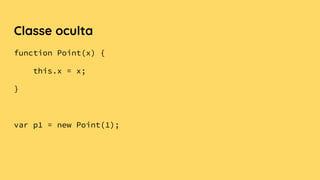 Classe oculta
function Point(x) {
this.x = x;
}
var p1 = new Point(1);
 