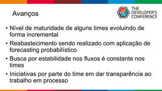 Avanços
• Nível de maturidade de alguns times evoluindo de
forma incremental
• Reabastecimento sendo realizado com aplicação de
forecasting probabilístico
• Busca por estabilidade nos fluxos é constante nos
times
• Iniciativas por parte do time em dar transparência ao
trabalho em processo
 