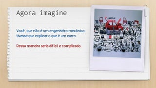 Você, que não é um engenheiro mecânico,
tivesse que explicar o que é um carro.
Dessa maneira seria difícil e complicado.
Agora imagine
 