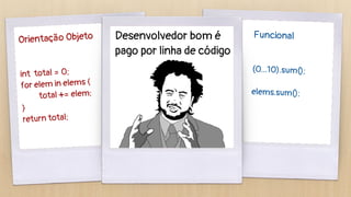 Orientação Objeto
int total = 0;
for elem in elems {
total += elem;
}
return total;
Funcional
(0...10).sum();
elems.sum();
Desenvolvedor bom é
pago por linha de código
 