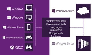 Programming skills
Development tools
Languages,
frameworks
Components
Runtimes

 