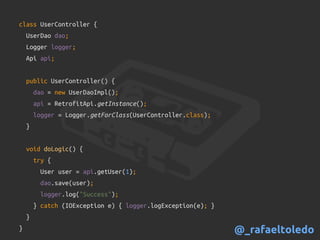 class UserController {
UserDao dao;
Logger logger;
Api api;
public UserController() {
dao = new UserDaoImpl();
api = RetrofitApi.getInstance();
logger = Logger.getForClass(UserController.class);
}
void doLogic() {
try {
User user = api.getUser(1);
dao.save(user);
logger.log("Success");
} catch (IOException e) { logger.logException(e); }
}
} @_rafaeltoledo
 