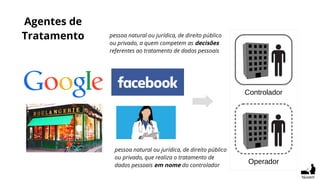 Operador
Controlador
Agentes de
Tratamento pessoa natural ou jurídica, de direito público
ou privado, a quem competem as decisões
referentes ao tratamento de dados pessoais
pessoa natural ou jurídica, de direito público
ou privado, que realiza o tratamento de
dados pessoais em nome do controlador
Nuvem
 