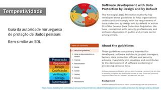 TempestividadeTempestividade
Guia da autoridade norueguesa
de proteção de dados pessoais
Bem similar ao SDL
Verificação
Entrega
Preparação
Requisitos
Codificação
Design
Sustentação
https://www.datatilsynet.no/en/about-privacy/virksomhetenes-plikter/innebygd-personvern/data-protection-by-design-and-by-default/
 