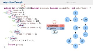 if17 20
if
+1
+2
If
+1 +2
P
0
public int precoSorvete(boolean premium, boolean casquinha, int coberturas) {
int preco = 0;
if (premium) {
preco = 20;
if (casquinha) {
preco = preco + 2;
if (coberturas > 1){
preco = preco + 2;
} else {
preco = preco + 1;
}
} else {
preco = preco + 1;
}
} else {
preco = 15 + 1 + 1;
}
return preco;
}
ConceitoAlgorítimo Exemplo definição
Cognitiva
Ciclomática
9
4
+1
+1
+1...
+1
+2
+3
+1
+1
+1
 