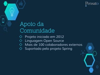 Apoio da
Comunidade
◇ Projeto iniciado em 2012
◇ Linguagem Open Source
◇ Mais de 100 colaboradores externos
◇ Suportada pelo projeto Spring
 