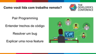 Globalcode	– Open4education
Como você lida com trabalho remoto?
Pair Programming
Entender trechos de código
Resolver um bug
Explicar uma nova feature
 