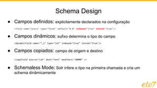 Schema Design
● Campos definidos: explicitamente declarados na configuração
<field name="preco" type="float" default="0.0" indexed="true" stored="true"/>
● Campos dinâmicos: sufixo determina o tipo do campo
<dynamicField name="*_i" type="int" indexed="true" stored="true"/>
● Campos copiados: campo de origem e destino
<copyField source="cat" dest="text" maxChars="30000" />
● Schemaless Mode: Solr infere o tipo na primeira chamada e cria um
schema dinâmicamente
 