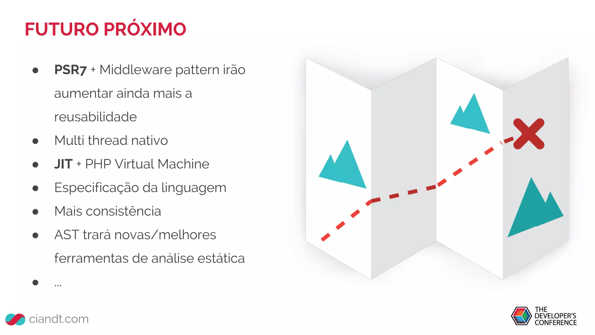 FUTURO PRÓXIMO
● PSR7 + Middleware pattern irão
aumentar ainda mais a
reusabilidade
● Multi thread nativo
● JIT + PHP Virtual Machine
● Especificação da linguagem
● Mais consistência
● AST trará novas/melhores
ferramentas de análise estática
● ...
 