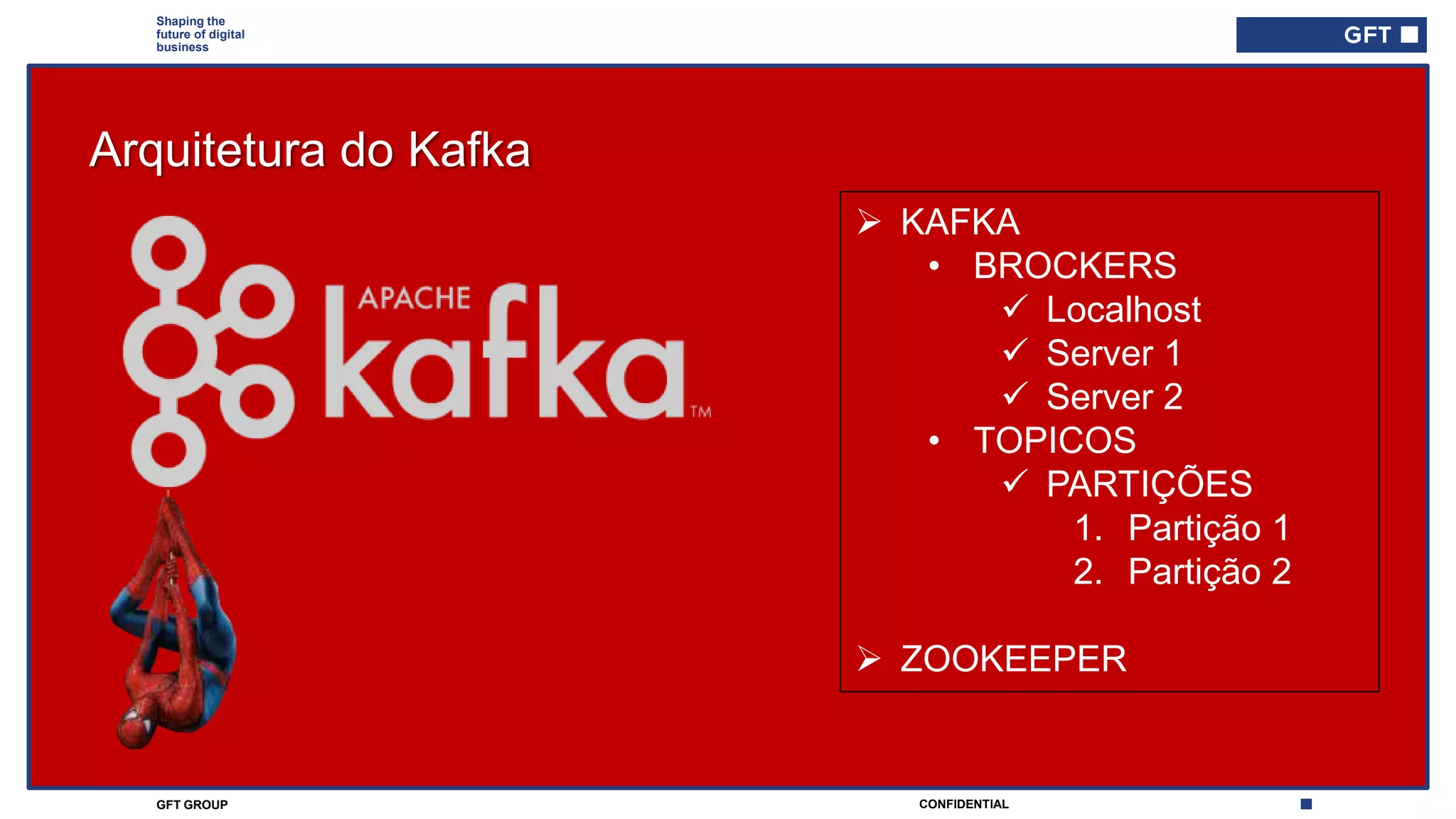 CONFIDENTIALGFT GROUP
Shaping the
future of digital
business
 KAFKA
• BROCKERS
 Localhost
 Server 1
 Server 2
• TOPICOS
 PARTIÇÕES
1. Partição 1
2. Partição 2
 ZOOKEEPER
Arquitetura do Kafka
 