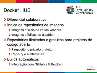 Globalcode – Open4education
Docker HUB
Diferencial colaborativo
Índice de repositórios de imagens
Imagens oficiais de vários vendors
Imagens públicas de usuários
Repositórios ilimitados e gratuitos para projetos de
código aberto
1 repositório privado gratuito
Registry é a alternativa
Builds automáticos
Integração com GitHub e Bitbucket
 