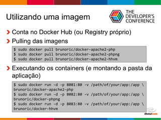 Globalcode – Open4education
Utilizando uma imagem
Conta no Docker Hub (ou Registry próprio)
Pulling das imagens
Executando os containers (e montando a pasta da
aplicação)
$ sudo docker pull brunoric/docker-apache2-php
$ sudo docker pull brunoric/docker-apache2-phpng
$ sudo docker pull brunoric/docker-apache2-hhvm
$ sudo docker run -d -p 8081:80 -v /path/of/your/app:/app 
brunoric/docker-apache2-php
$ sudo docker run -d -p 8082:80 -v /path/of/your/app:/app 
brunoric/docker-phpng
$ sudo docker run -d -p 8083:80 -v /path/of/your/app:/app 
brunoric/docker-hhvm
 