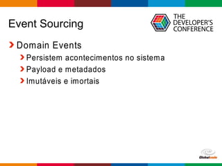 Globalcode – Open4education
Event Sourcing
Domain Events
Persistem acontecimentos no sistema
Payload e metadados
Imutáveis e imortais
 