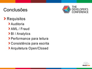 Globalcode – Open4education
Conclusões
Requisitos
Auditoria
AML / Fraud
BI / Analytics
Performance para leitura
Consistência para escrita
Arquitetura Open/Closed
 