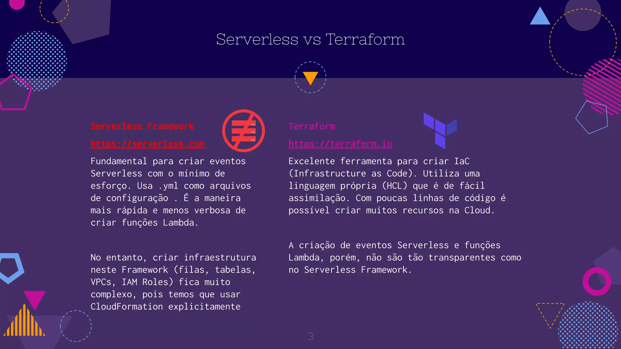 Serverless vs Terraform
Terraform
https://terraform.io
Excelente ferramenta para criar IaC
(Infrastructure as Code). Utiliza uma
linguagem própria (HCL) que é de fácil
assimilação. Com poucas linhas de código é
possível criar muitos recursos na Cloud.
A criação de eventos Serverless e funções
Lambda, porém, não são tão transparentes como
no Serverless Framework.
Serverless Framework
https://serverless.com
Fundamental para criar eventos
Serverless com o mínimo de
esforço. Usa .yml como arquivos
de configuração . É a maneira
mais rápida e menos verbosa de
criar funções Lambda.
No entanto, criar infraestrutura
neste Framework (filas, tabelas,
VPCs, IAM Roles) fica muito
complexo, pois temos que usar
CloudFormation explicitamente
3
 