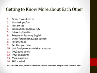 Gettingto Know More about Each Other
1. Other towns lived in
2. Married: yes/no
3. Present job
4. School/College/University
5. Interests/Hobbies
6. Reason for learning English
7. Other foreign languages spoken
8. Favorite food
9. Pet that you hate
10. Last foreign country visited – reason
11. (My) good points
12. (My) bad points
13. Main ambition
14. TDC – Why?
PETER WATCYN-JONES, Grammar: Games and Activities for Teachers. Penguin Books. Middlesex. 1995.