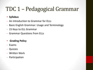 TDC 1 – Pedagogical Grammar
• Syllabus
- An Introduction to Grammar for ELLs
- Basic English Grammar: Usage and Terminology
- 15 Keys to ELL Grammar
- Grammar Questions from ELLs
• Grading Policy
- Exams
- Quizzes
- Written Work
- Participation