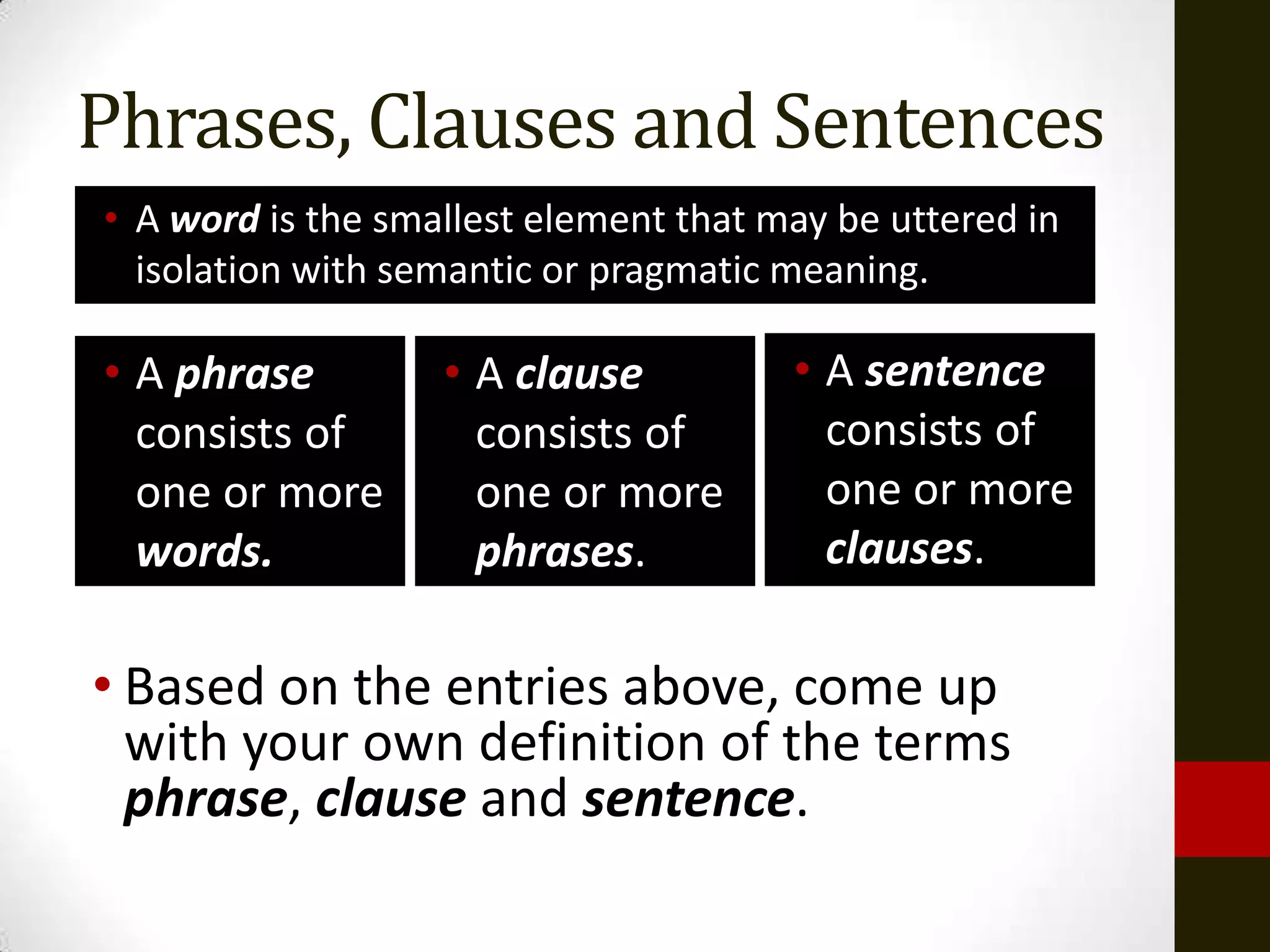 Phrases, Clauses and Sentences
• A word is the smallest element that may be uttered in
  isolation with semantic or pragmatic meaning.

• A phrase         • A clause          • A sentence
  consists of        consists of         consists of
  one or more        one or more         one or more
  words.             phrases.            clauses.

• Based on the entries above, come up
  with your own definition of the terms
  phrase, clause and sentence.
 