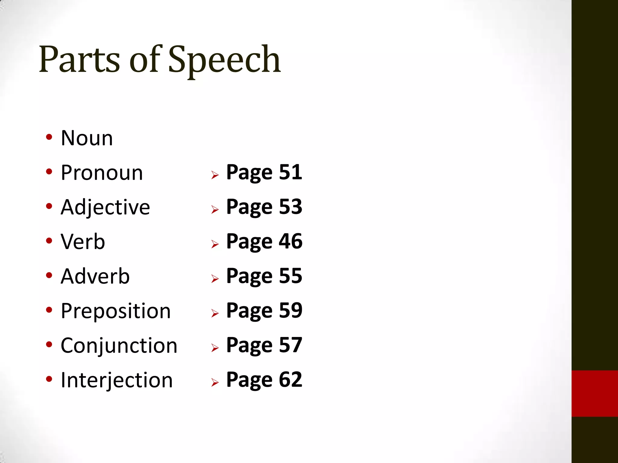 Parts of Speech
• Noun
• Pronoun         Page 51
• Adjective       Page 53

• Verb            Page 46

• Adverb          Page 55

• Preposition     Page 59

• Conjunction     Page 57

• Interjection    Page 62
 
