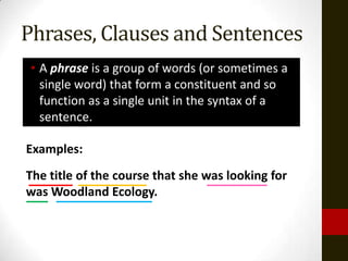 Phrases, Clauses and Sentences
 • A phrase is a group of words (or sometimes a
   single word) that form a constituent and so
   function as a single unit in the syntax of a
   sentence.

Examples:
The title of the course that she was looking for
was Woodland Ecology.
 