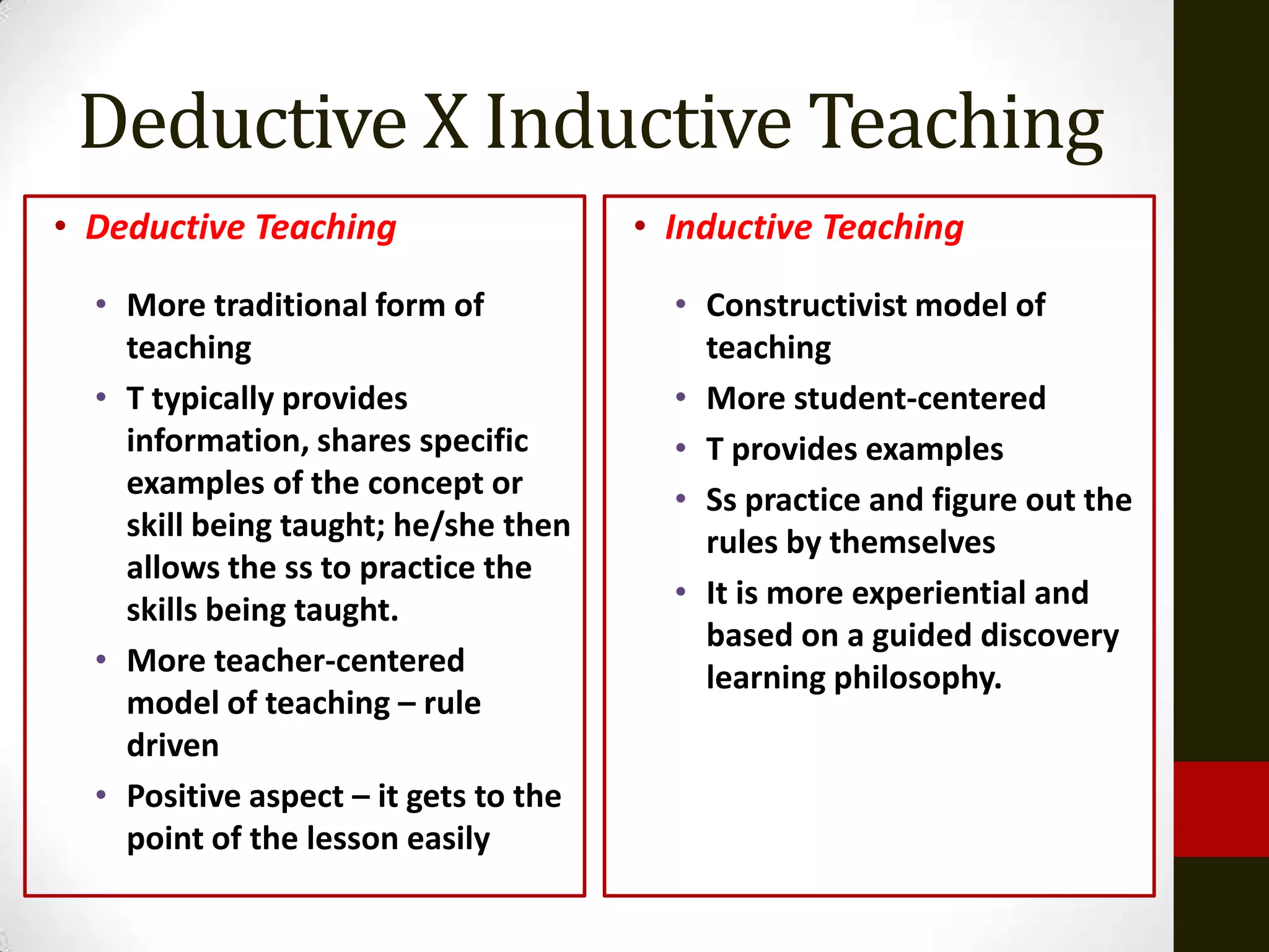 Deductive X Inductive Teaching
• Deductive Teaching                   • Inductive Teaching
  • More traditional form of             • Constructivist model of
    teaching                               teaching
  • T typically provides                 • More student-centered
    information, shares specific         • T provides examples
    examples of the concept or           • Ss practice and figure out the
    skill being taught; he/she then        rules by themselves
    allows the ss to practice the
    skills being taught.                 • It is more experiential and
                                           based on a guided discovery
  • More teacher-centered                  learning philosophy.
    model of teaching – rule
    driven
  • Positive aspect – it gets to the
    point of the lesson easily
 