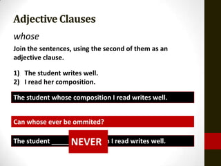 Adjective Clauses
whose
Join the sentences, using the second of them as an
adjective clause.

1) The student writes well.
2) I read her composition.

The student whose composition I read writes well.


Can whose ever be ommited?

The student _____ NEVER I read writes well.
                  composition
 