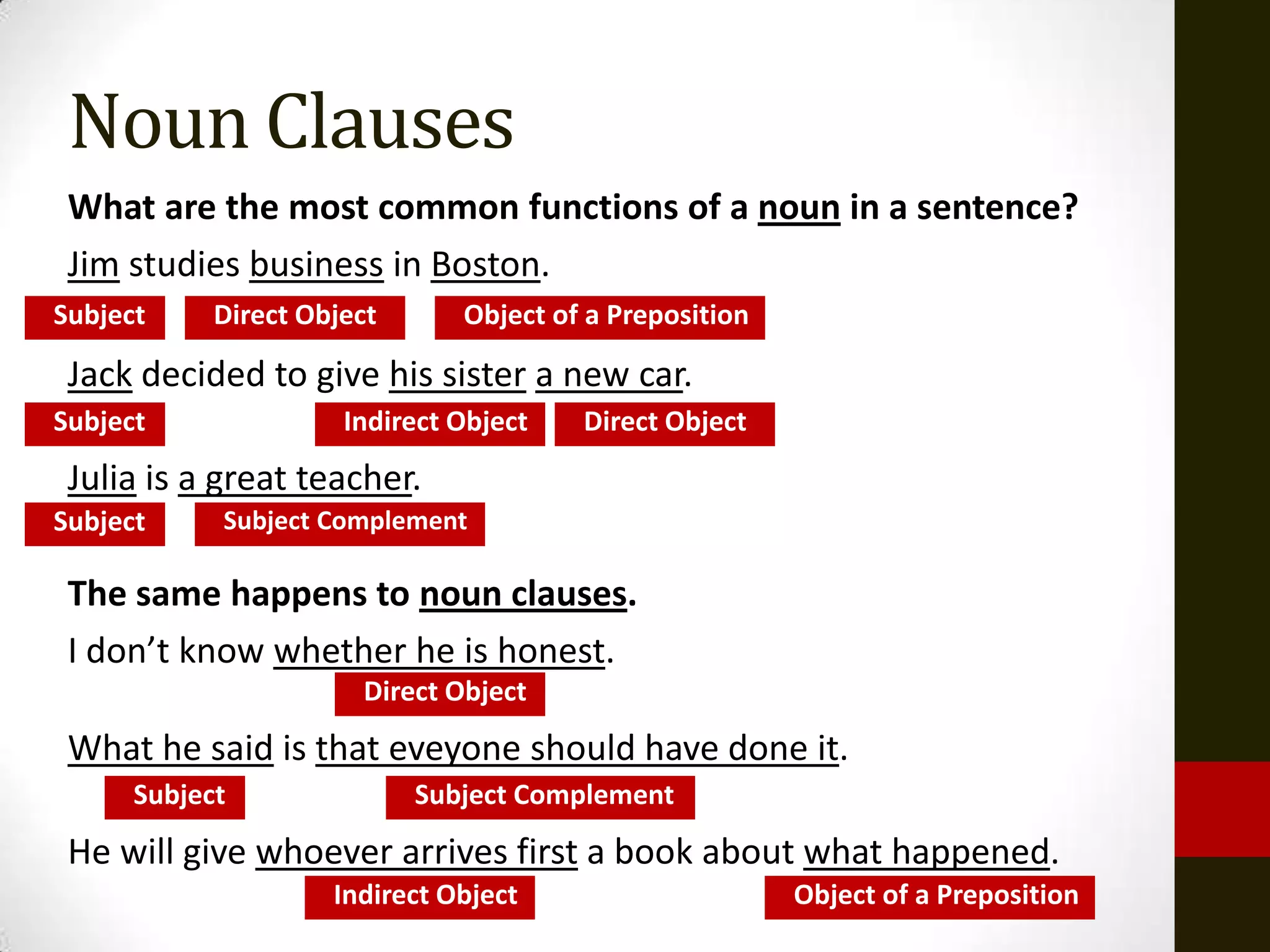 Noun Clauses
 What are the most common functions of a noun in a sentence?
 Jim studies business in Boston.
Subject     Direct Object      Object of a Preposition

 Jack decided to give his sister a new car.
Subject               Indirect Object   Direct Object
 Julia is a great teacher.
Subject     Subject Complement

 The same happens to noun clauses.
 I don’t know whether he is honest.
                       Direct Object
 What he said is that eveyone should have done it.
      Subject               Subject Complement
 He will give whoever arrives first a book about what happened.
                     Indirect Object                     Object of a Preposition
 