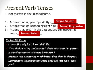 Present Verb Tenses
- Not as easy as one might assume.

                                        Simple Present
1) Actions that happen repeatedly - _________________
2) Actions that are happening right now - _____________
                                           Present Progressive
3) Actions that began in the past and are still happening
   now - ________________
            Present Perfect

Typical ELL Errors
- I am in this city for all my adult life.
- The solution to my problem isn’t depend on another person.
- Is working your uncle at the bank now?
- Modern cars are having much better tires than in the past.
- Do you have worked at this bank since the last time I saw
  you?
 