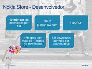 Nokia Store - Desenvolvedor

     10 milhões de                 http://
     downloads por                                   1 EURO
          dia                 publish.ovi.com



                     175 apps com       8,5 downloads
                    mais de 1 milhão     por mês por
                     de downloads        usuário ativo




10   © Nokia 2011
 