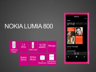 NOKIA LUMIA 800

                1,4                16 GB Mango
   3,7”
                GHz                eMMC
 AMOLED                 1540 mAh
  Clear Black
    Display




                Nokia    Nokia
                Drive    Music
                                       8      Carl Zeiss
                                   Megapixels Autofocus
 