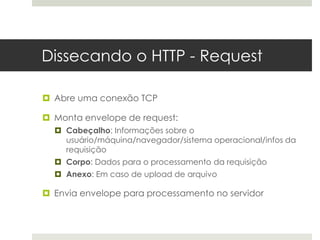 Dissecando o HTTP - Request

 Abre uma conexão TCP

 Monta envelope de request:
   Cabeçalho: Informações sobre o
    usuário/máquina/navegador/sistema operacional/infos da
    requisição
   Corpo: Dados para o processamento da requisição
   Anexo: Em caso de upload de arquivo

 Envia envelope para processamento no servidor
 