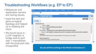 © 2016 Cisco and/or its affiliates. All rights reserved. 31
Troubleshooting Workflows (e.g. EP to EP)
• Webserver and
Application servers
are having issues.
• Used the tool and
gave us logical
topology and helped
us in isolating the
issue.
• We found issue is -
LLDP neighbor is
bridge and its port
vlan 1 mismatches
with the local port vlan
Unspecified
Go see all this working in the World of Solutions 
 
