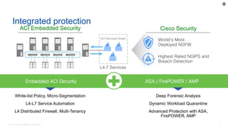 © 2016 Cisco and/or its affiliates. All rights reserved. 71
Embedded ACI Security
ACI Embedded Security
L4-7 Services
Cisco Security
ACI Services Graph
World’s Most
Deployed NGFW
Highest Rated NGIPS and
Breach Detection
White-list Policy, Micro-Segmentation
L4-L7 Service Automation
L4 Distributed Firewall, Multi-Tenancy
ASA / FirePOWER / AMP
Deep Forensic Analysis
Dynamic Workload Quarantine
Advanced Protection with ASA,
FirePOWER, AMP
Integrated protection
 