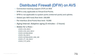 © 2016 Cisco and/or its affiliates. All rights reserved. 79
Distributed Firewall (DFW) on AVS
• Connection tracking support (TCP) on AVS
• DFW is only applicable to Virtual End Points.
• DFW is not applicable to system ports (vmkernel ports) and uplinks.
• Global (per AVS host) flow limit: 250,000
• Per Interface (End Point) flow limit: 10,000
• Aging Interval: Adaptive aging (5 minutes – 2 hours)
• States for a flow:-
•STATE_SYN_RECV
•STATE_SYN_ACK_RECV
•STATE_ESTABLISHED
•STATE_FIN_RECV
•STATE_ESTABLISHED_ONE_DIR
•STATE_2ND_FIN_RECV
•STATE_FTP_DATA
 