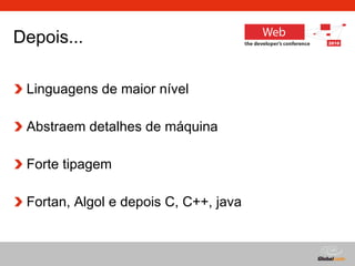 Depois...  Linguagens de maior nível Abstraem detalhes de máquina Forte tipagem  Fortan, Algol e depois C, C++, java 